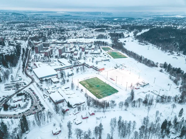 Oslo Vista Aerea Della Città Drone Campo Calcio Innevato — Foto Stock