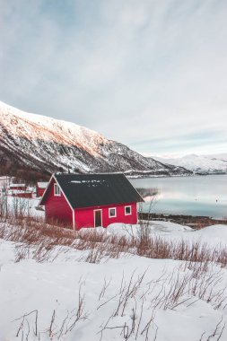 Göldeki ve dağlardaki kırmızı ev. Lofoten Adaları, Norveç