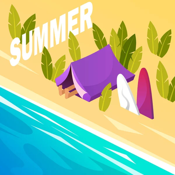 Vacaciones Acampar Tienda Mar Verano Ilustración Vectorial Isométrica — Vector de stock