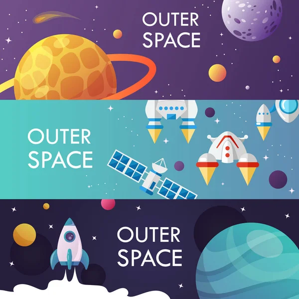 Set Cartoon Space Banners Vector Illustration Universe Header — Stock Vector