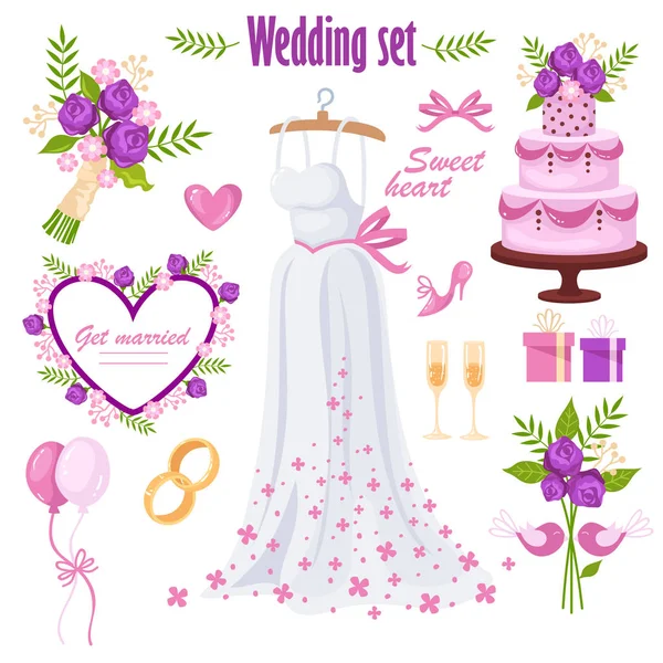 Beautiful Wedding Set Bride Dress Isolated Elements Vector Cartoon Illustration — Stock Vector