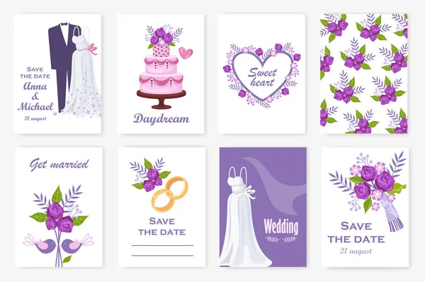 結婚を設定します 結婚式のカードのコレクションです ベクトル漫画の実例 — ストックベクタ
