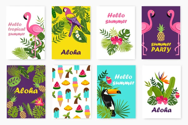 Σύνολο Των Τροπικών Flamingo Κάρτα Εικονογράφηση Διάνυσμα — Διανυσματικό Αρχείο