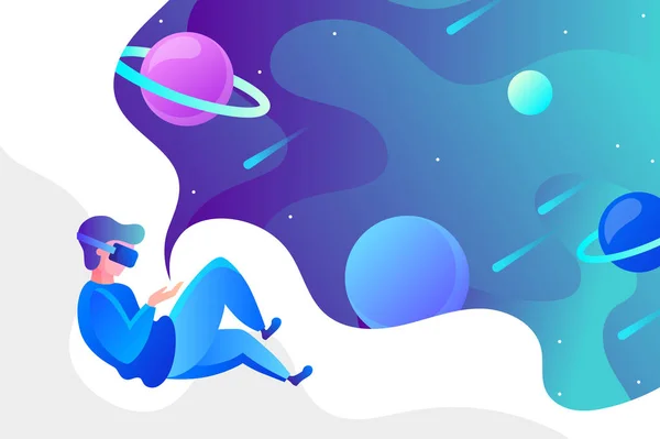Man in VR glasses looks at space. vector illustration. — Stock Vector