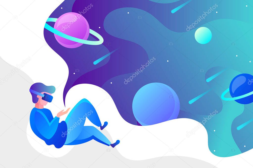 man in VR glasses looks at space. vector illustration.