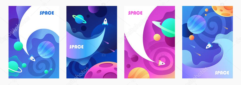 space explore. flying spaceship. set of vector cartoon banners. children's illustration.