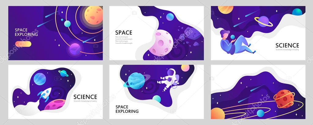 Set of web banners templates. Presentation. Space explore. Children cartoon vector illustration. Science. Horizontal banners. EPS 10