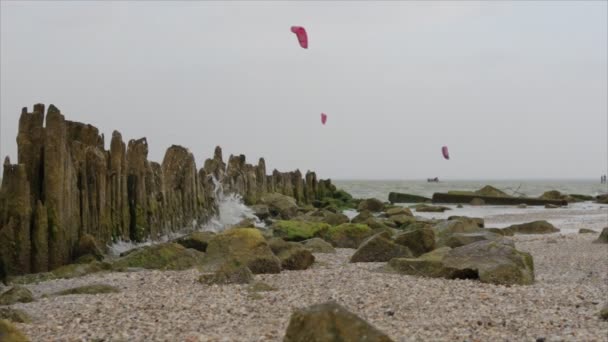 Golven zijn gebroken over een aantal oude houten pilaren op welke erosie van het water. — Stockvideo