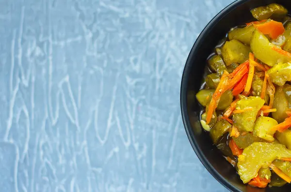 Pickled Fermented Cucumbers Carrots Dark Salad Bowl Top View Copy — Stock Photo, Image