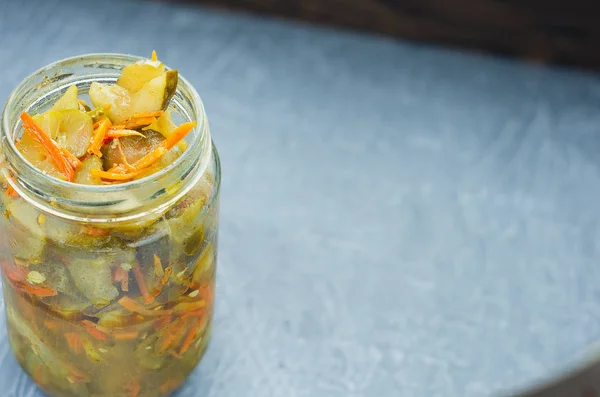 Pickled Fermented Cucumbers Carrots Jar — Stock Photo, Image