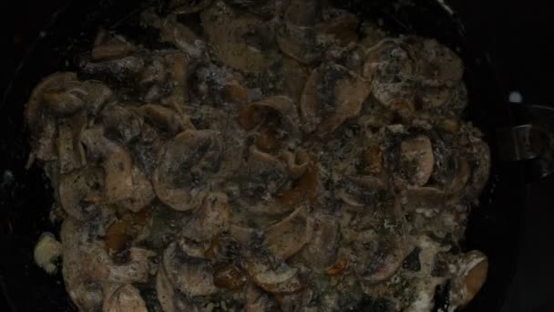 Roosteren knoflook en champignon champignons op een oude gietijzeren pan — Stockvideo