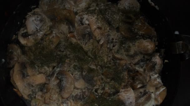 Rôtir l'ail et les champignons champignon sur une vieille casserole en fonte — Video