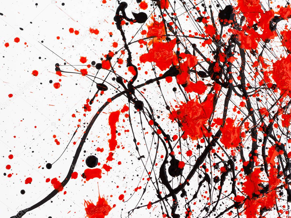 Dripping black and red line paint isolated on white background. Flowing fuel oil splashes, drops and trail