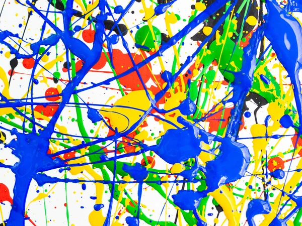 Abstract expressionism art creative background. art of splashes and drips . red black green yellow blue paint on white background. — Stock Photo, Image