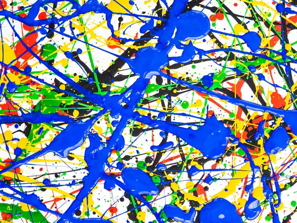 Abstract expressionism art creative background. art of splashes and drips . red black green yellow blue paint on white background.