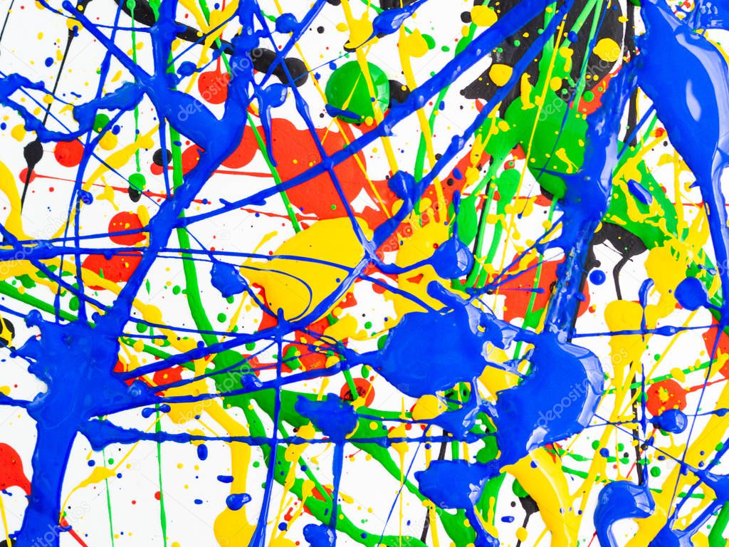 Abstract expressionism art creative background. art of splashes and drips . red black green yellow blue paint on white background.