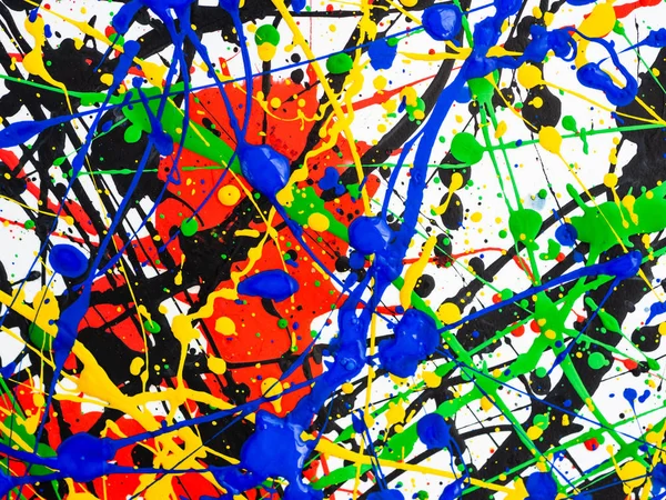 Absztrakt expresszionizmus művészeti kreatív háttér. művészete kifröccsenés és csöpög. piros, fekete, zöld, sárga, kék festék fehér alapon. — Stock Fotó