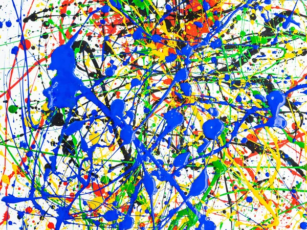 Abstract expressionism art creative background. art of splashes and drips . red black green yellow blue paint on white background.