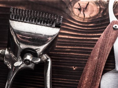 berber aletleri. Vintage Clipper düz jilet. Saç fırçası.