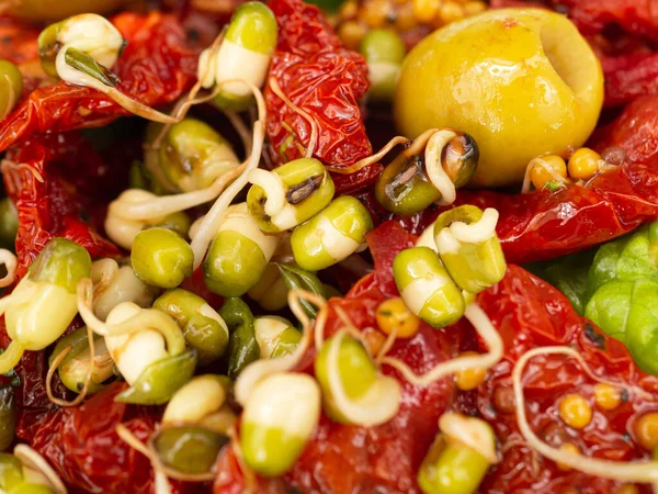 The salad consists of sun dried tomatoes greens various plants spices sprouted mung beans. — Stock Photo, Image