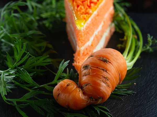 Ein Stück Karottenkuchen liegt auf einer Schiefertafel. eine hässliche frische Karotte mit grünen Blättern geht um — Stockfoto