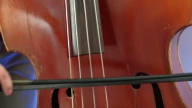 Erkekler yayla bas çalıyor. Kapat. Erkek müzisyen yay tekniği uyguluyor. Klasik konserde kontrabass ritim. Akustik bas enstrümanı