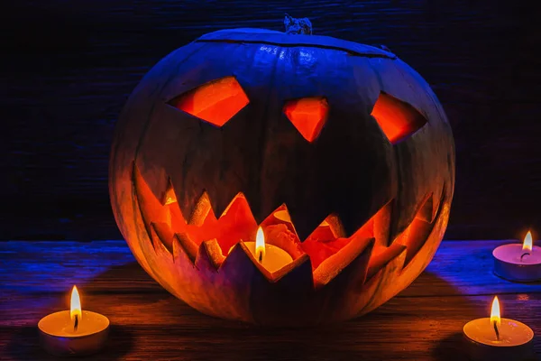 Jack Lantern Glowing Fantasy Night Halloween Des Bougies Brûlent Proximité — Photo