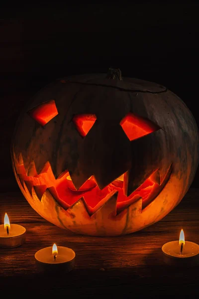 Jack Lantern Glowing Fantasy Night Halloween Des Bougies Brûlent Proximité — Photo
