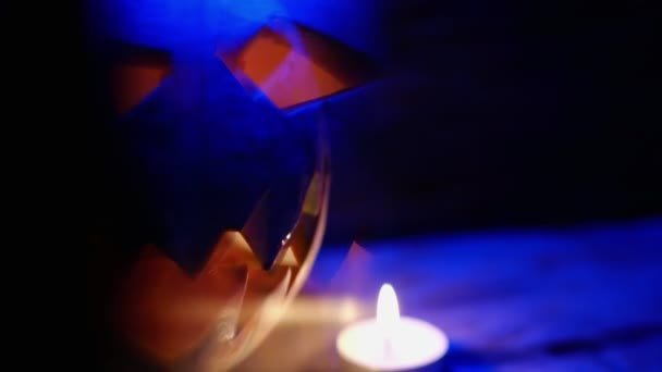 Jack Lantern Glowing Fantasy Night Halloween Auf Altem Holzgrund Dramatischer — Stockvideo