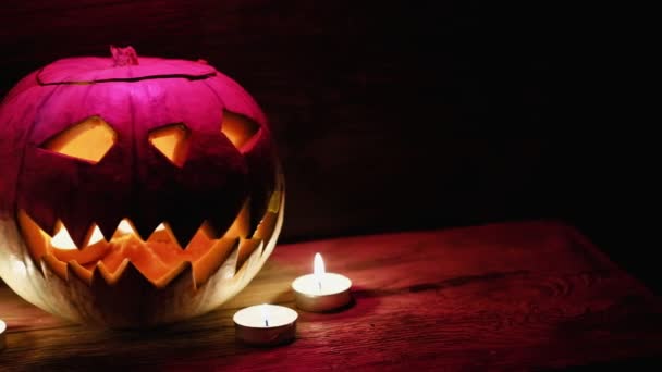 Jack Lantern Glowing Fantasy Night Halloween Auf Altem Holzgrund Dramatischer — Stockvideo