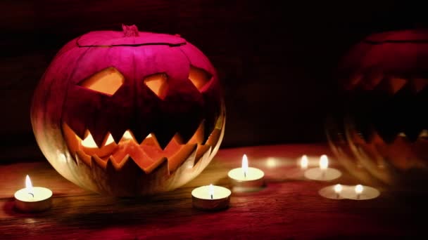 Jack Lantern Zářící Noci Fantazie Halloween Starém Dřevěném Pozadí Dramatický — Stock video