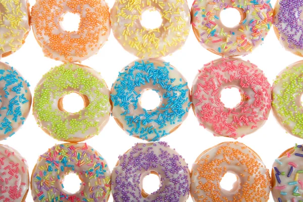 Flat Lay View Many Frosted Donuts Candy Sprinkles Isolated White — Stock Photo, Image