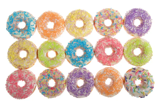 Flat Lay View Many Frosted Donuts Candy Sprinkles Isolated White — Stock Photo, Image