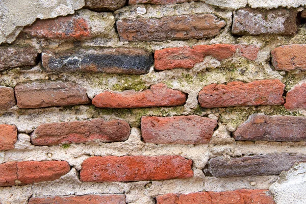 Gamla Tegelvägg Täckt Betong Väder Slitna Betongskikt Har Smulat Bort — Stockfoto