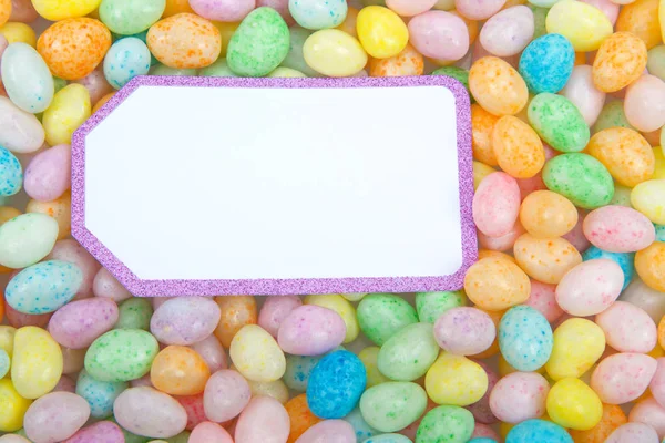 Many Colorful Candy Jelly Beans Flat Surface White Card Sparkling — Stock Photo, Image