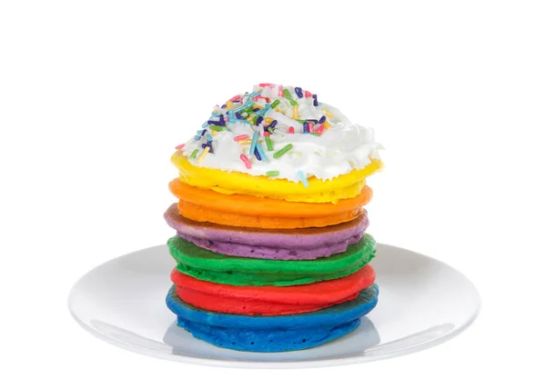 Stack Bright Colorful Pancakes Topped Whipped Cream Candy Sprinkles Fairy — Stock Photo, Image
