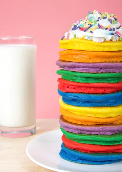 Stack Bright Colorful Pancakes Topped Whipped Cream Candy Sprinkles Pink — Stock Photo, Image