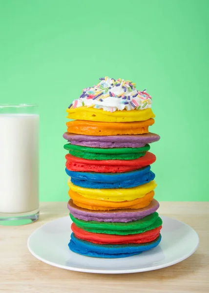 Stack Bright Colorful Pancakes Topped Whipped Cream Candy Sprinkles Green — Stock Photo, Image