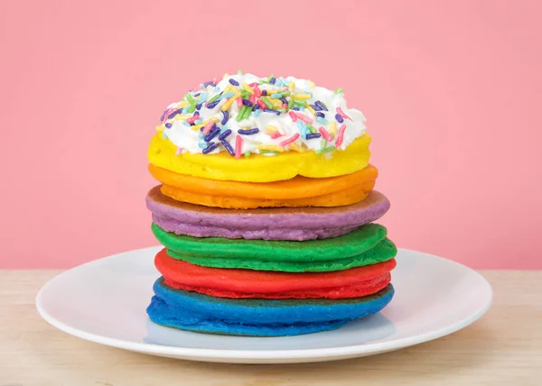 Stack Bright Colorful Pancakes Topped Whipped Cream Candy Sprinkles Pink — Stock Photo, Image