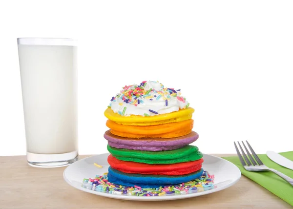 Stack Bright Colorful Pancakes Topped Whipped Cream Candy Sprinkles Utensils — Stock Photo, Image