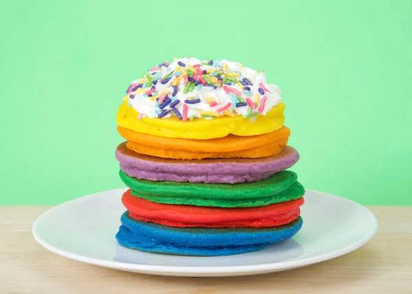 Stack Bright Colorful Pancakes Topped Whipped Cream Candy Sprinkles Green — Stock Photo, Image