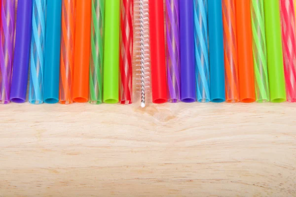 Fila Coloridas Pajitas Reutilizables Plástico Silicona Con Cepillo Limpieza Centro —  Fotos de Stock