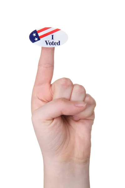 Young Caucasian Hand Holding Voted Sticker Isolated White Background — Stock Photo, Image