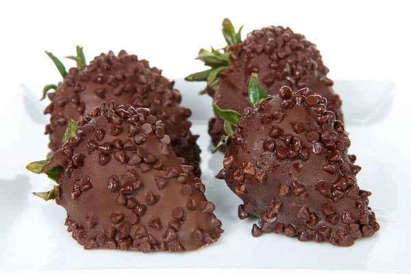 Close Four Juicy Strawberries Dipped Dark Chocolate Sprinkled Mini Chocolate — Stock Photo, Image