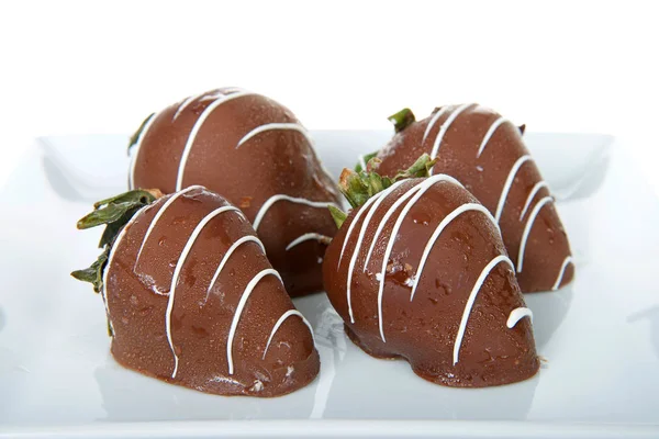 Close Four Juicy Strawberries Dipped Milk Chocolate Drizzled White Chocolate — Stock Photo, Image