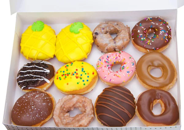 Top Vista Plana Leigos Uma Dúzia Vários Donuts Simples Extravagantes — Fotografia de Stock
