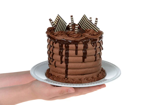 Close Mani Giovani Possesso Una Torta Cioccolato Intero Con Ganache — Foto Stock