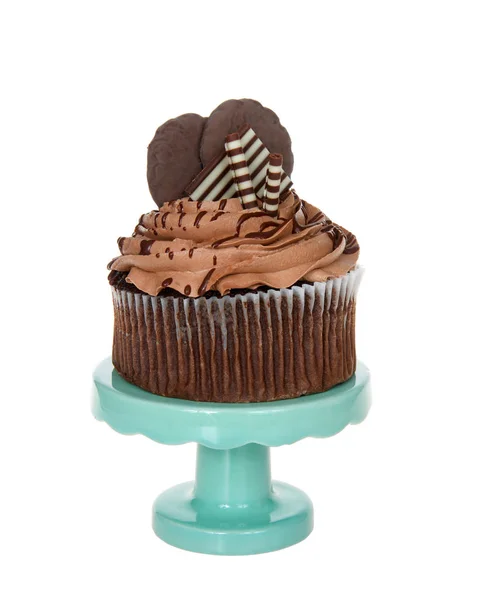 Giant Chocolate Cup Cake Choc Frosting Candy Cookies Embellishing Sitting — Stock Photo, Image