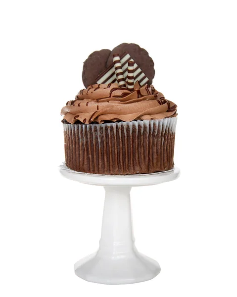 Giant Chocolate Cup Cake Chocolate Frosting Candy Cookies Embellishing Sitting — Stock Photo, Image