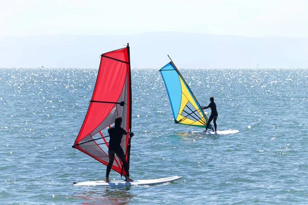 Άνθρωποι Μαθαίνουν Κάνουν Windsurf Έξω Από Νησί Alameda Στον Κόλπο — Φωτογραφία Αρχείου